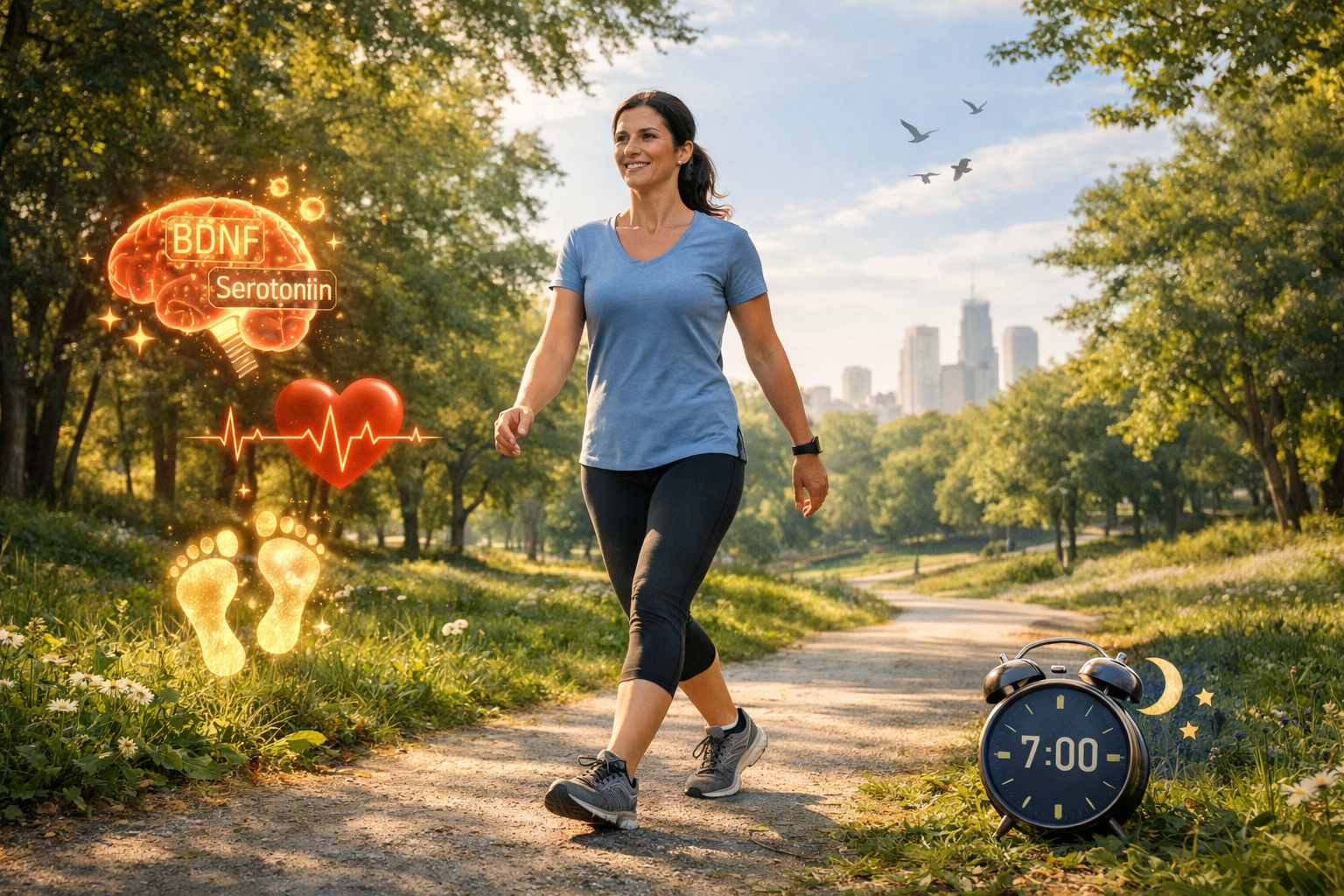 Woman walking in a park with health benefit icons including BDNF, serotonin, heart rate and sleep
