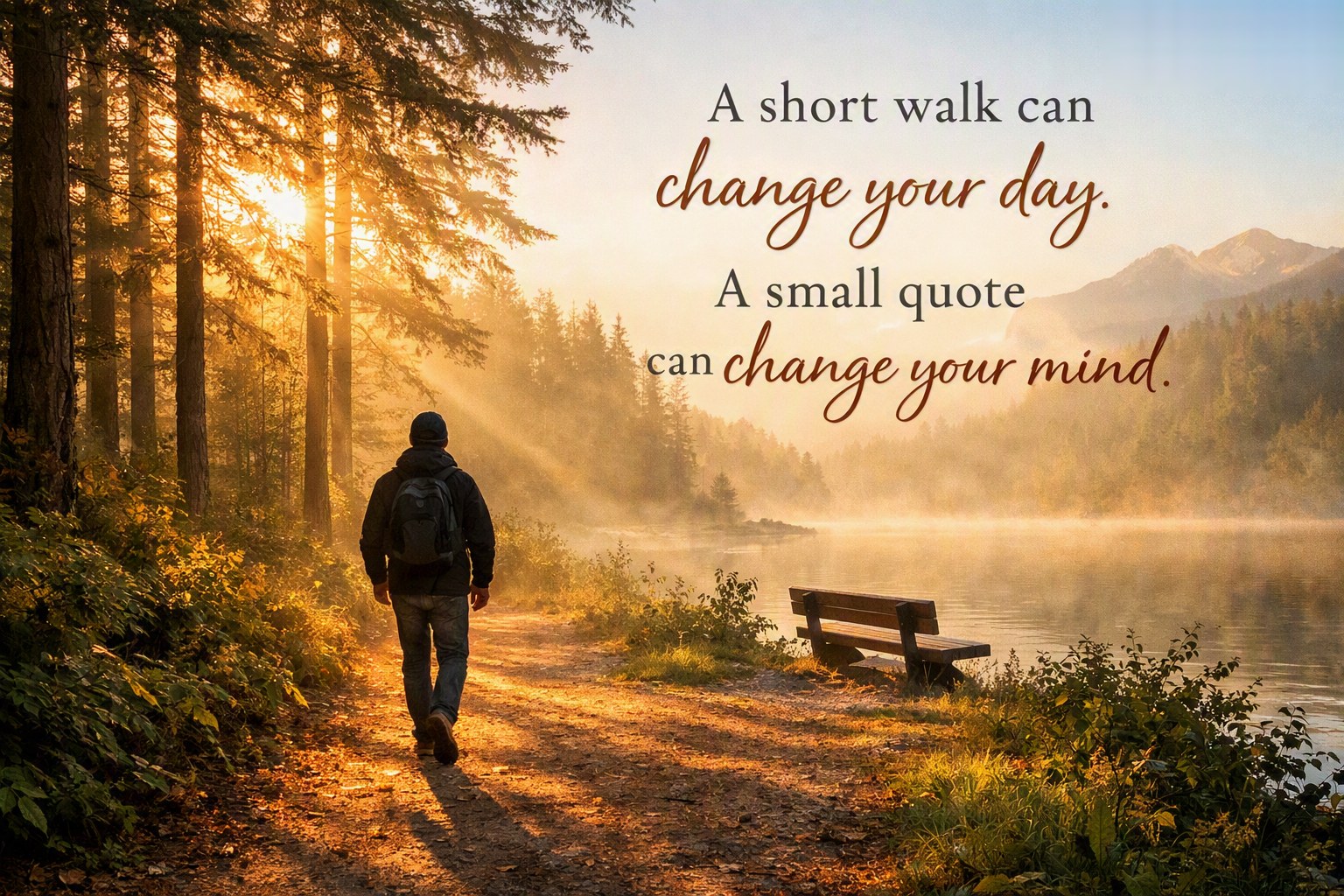 A person walking a misty forest path at sunrise beside a lake, with the words: a short walk can change your day, a small quote can change your mind