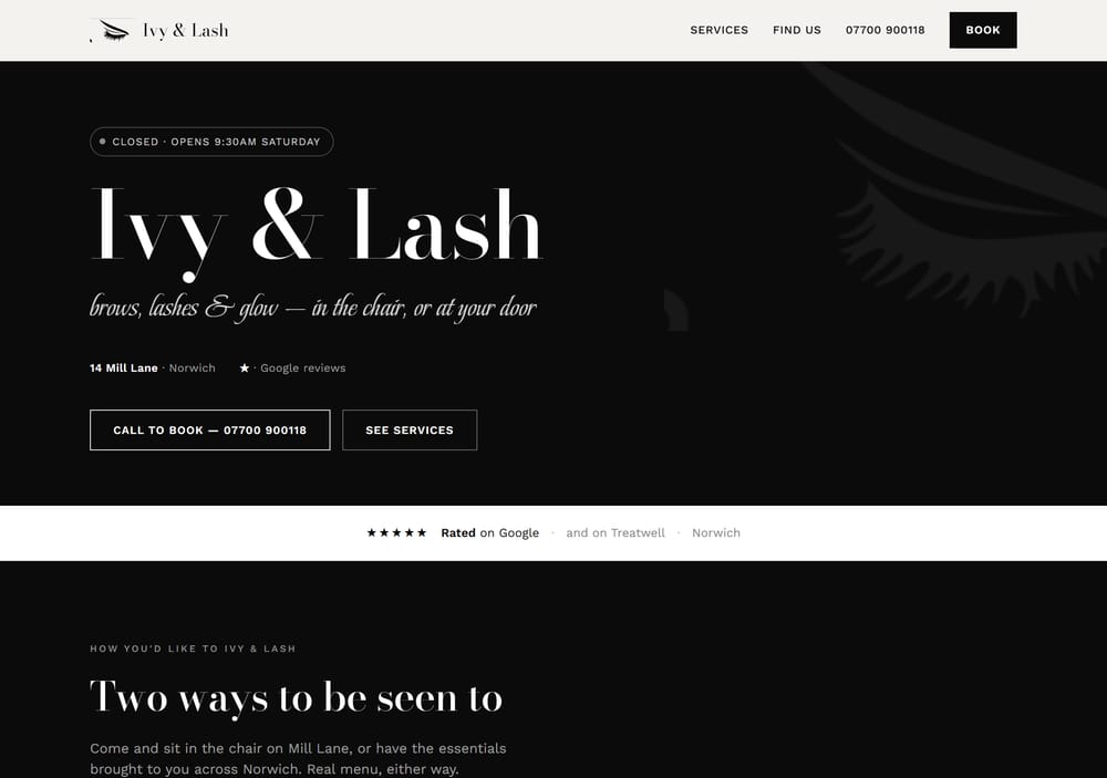 Concept homepage for a brow and lash studio — black editorial layout with a call-to-book button