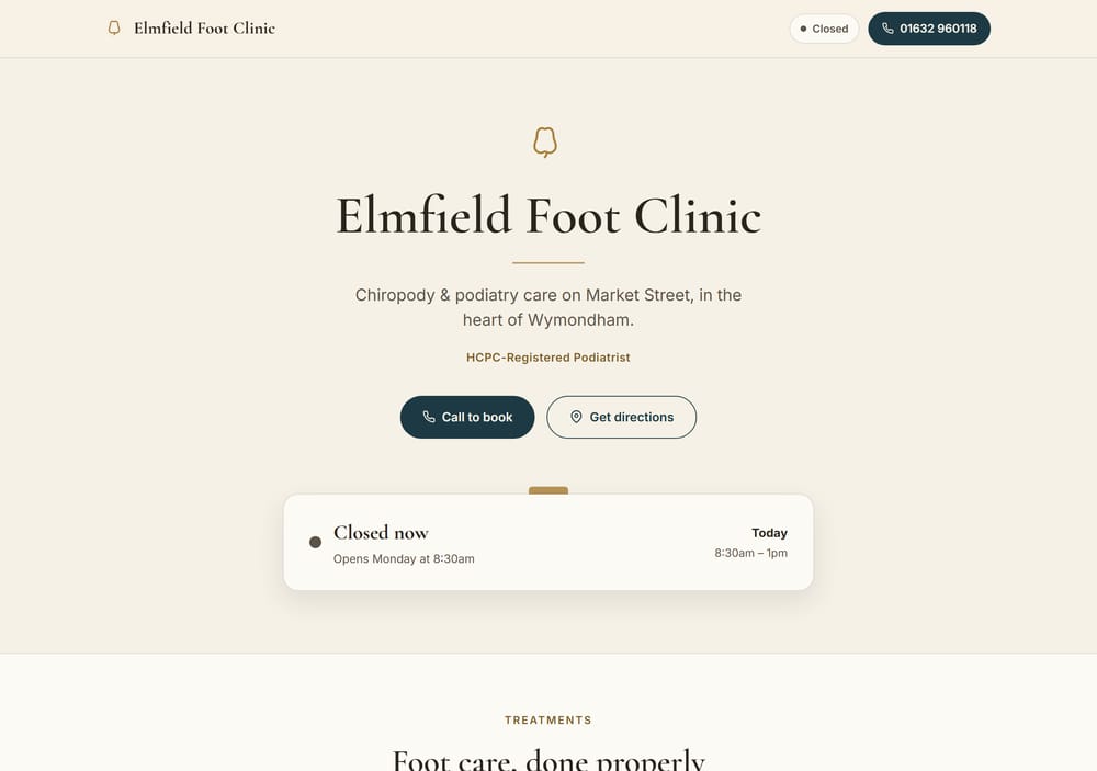 Concept homepage for a foot clinic — calm cream layout with opening hours and a call-to-book button